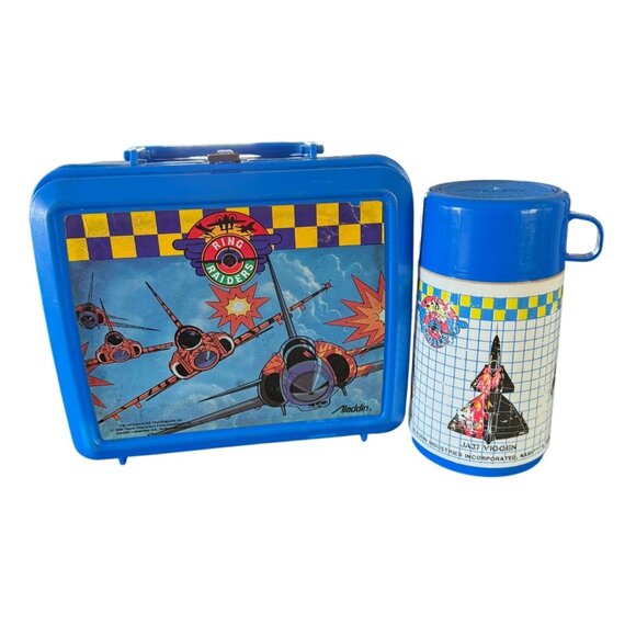 Vintage Ring Raiders Aladdin Lunchbox Thermos 1988 Matchbox Fighter Jets Blue - Picture 1 of 16
